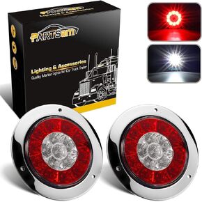 Partsam 2Pcs 4" Inch Round LED Trailer Tail Lights White Red Taillights Flange Mount 16 LED DC 12V Sealed Waterproof Stop Brake Tail Running Reverse Backup Lights Lamps for RV Trailer Trucks