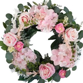 Bibelot Artificial Purple Rose Wreath 20 inches Front Door Wreath with Hydrangea Green Leaves Wreath Artificial Spring Wreath Valentines Mother's Day Wreath for Wall Wedding Party Home Decor (Purple)