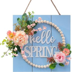 Idyllic Hello Sping Sign Wreath for Front Door, Artificial Flower Wreath with Hello Spring Wooden Sign for Farmhouse Wall Wedding Decor Window Front Porch Decor