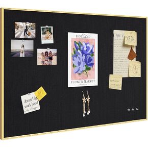 Bulletin Board 30 x 20 inches, Black Pin Board, Golden Aluminum Framed Fabric Cork Board with 10 Push Pins