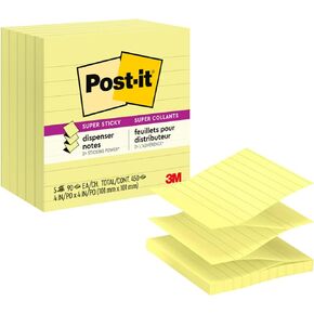 Post-it Super Sticky Dispenser Pop-up Notes, 5 Lined Sticky Note Pads, 4 x 4 in., 2X the Sticking Power, School Supplies and Oﬃce Products, Use with Post-it Note Dispensers, Canary Yellow