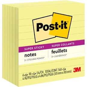 Post-it Super Sticky Notes, 4x4 in, 6 Pads, 2x the Sticking Power, Canary Yellow, Recyclable (675-6SSCY)