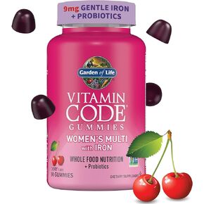 Women’s Multivitamin Gummy with Iron: Folate, Biotin, D3 & B12 for Hair, Skin & Nails + Probiotics for Immune Health & Digestion, Vitamin Code, Non-GMO, Gluten-Free, 90 Cherry Gummies, 30 Day Supply