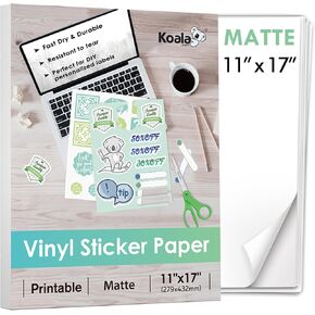 Koala Printable Vinyl Sticker Paper for Inkjet Printer 11x17 Inch - 10 Sheets Matte White Sticker Printer Paper, Waterproof Sticker Paper, Tear-Resistant, Removable