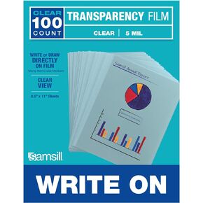 Samsill 100 Pack 8.5" x 11" Clear Write On Transparency Film, 5 mil, for Use with Dry Erase Markers only, Not for Use in Printer, Acetate Sheets