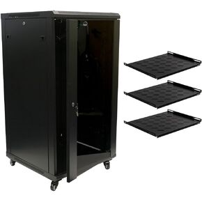 NavePoint 22U Server Rack Enclosure with Shelves, Caster Wheels, 2 Fans, Locking Glass Door, Removable Side Panels – 22U Network Cabinet 23.6" Deep, 19" Server Rack for A/V Equipment