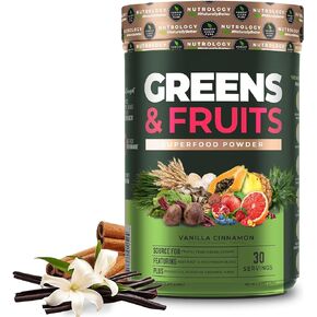 Greens & Fruits Superfood Powder, 6-in-1 Super Greens Powder & Fruit and Veggies Supplement with Beet Root, BCAAs, Mushroom, Gut Health Blend & More, Vegan, Vanilla Cinnamon, 30 Servings
