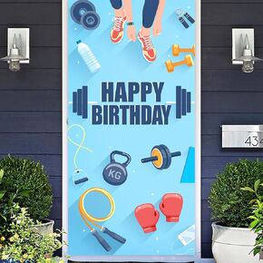 Gym Bodybuilding Happy Birthday Banner Backdrop Weightlifting Weight Lifting Cross Fit Fitness Barbell Sports Themed Decor Decorations for Gym Men Male Boys 1st Birthday Party Supplies Bday Favors
