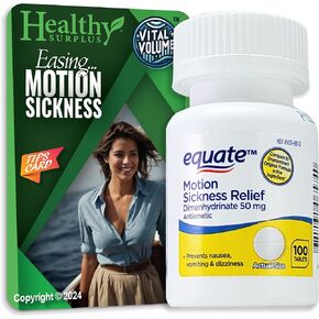 Equate Fast-Acting Motion Sickness Relief Dimenhydrinate Tablets, 50 mg 100 Count and Vital Volumes Motion Sickness Tips Card | Bundle