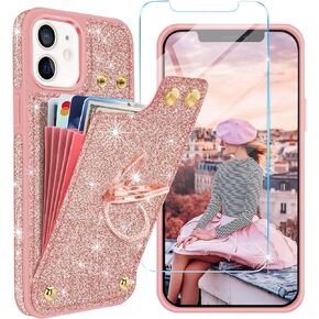 Fingic iPhone 12 Case,iPhone 12 Pro Wallet Case,Glitter Sparkle with Screen Protector Card Holder 360°Rotation Ring Kickstand,RFID Blocking Protective Wallet Case for iPhone 12/12 Pro 6.1",Rose Gold