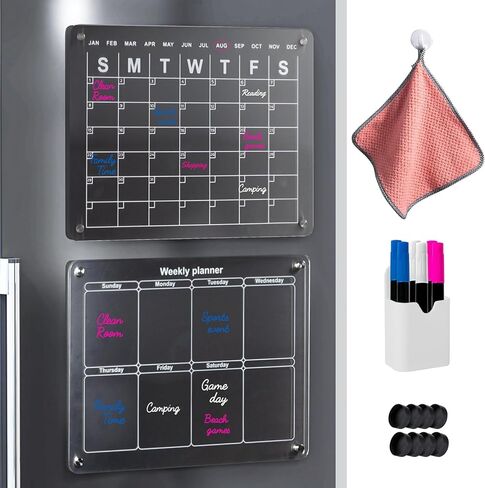 Acrylic Calendar for Fridge 2 Pack 16''x 12" - Clear Magnetic Fridge Calendar Dry Erase Board - Refrigerator Calendar Magnetic Dry Erase Monthly and Weekly Set in Saudi Arabia