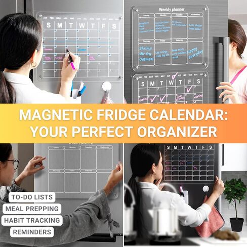 Acrylic Calendar for Fridge 2 Pack 16''x 12" - Clear Magnetic Fridge Calendar Dry Erase Board - Refrigerator Calendar Magnetic Dry Erase Monthly and Weekly Set in Saudi Arabia