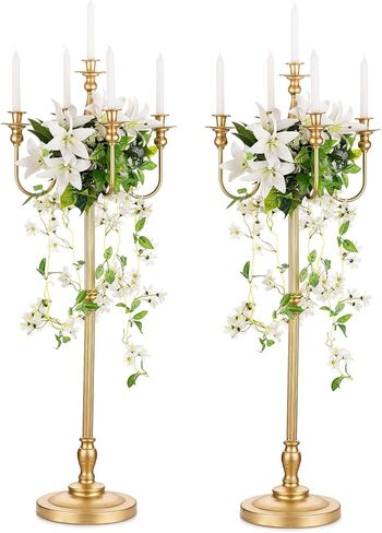Romadedi Candelabra Gold لديكور الزفاف: شمعدان طويل القامة بطول 50 بوصة، حامل قطعة مركزية من الزهور للمناسبات والحفلات وحفلات الممر وديكورات الاستقبال لـ 5 شمعدانات، قطعتان in Saudi Arabia