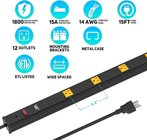 CRST واقي من التيار الكهربائي ذو مسافة واسعة من المعدن الثقيل مع قاطع دائرة 15 أمبير وسلك طويل إضافي 15 قدم 1800 جول (12 منفذ) in Kuwait