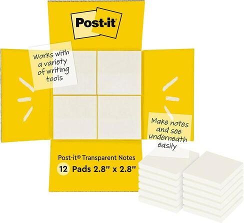 Post-it Transparent Notes, Clear Sticky Notes to Markup Textbooks and Planners Safely, Minimalist Aesthetic School Supplies for College Students, Stationery Artists, and More, 3x3 in, 12 Pads in Saudi Arabia