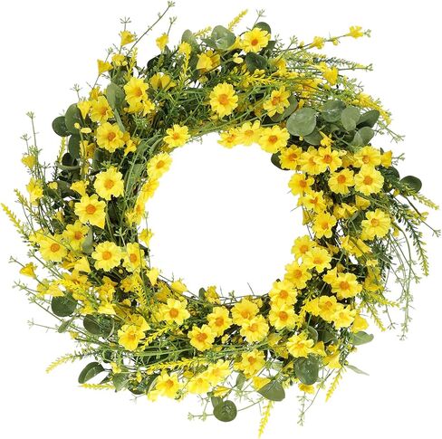 إكليل الربيع إكليل الأقحوان الأصفر، إكليل الأقحوان الحريري مقاس 24 بوصة مع أوراق الأوكالبتوس الخضراء إكليل الصيف لديكور جدار الباب الأمامي (أصفر) in Kuwait