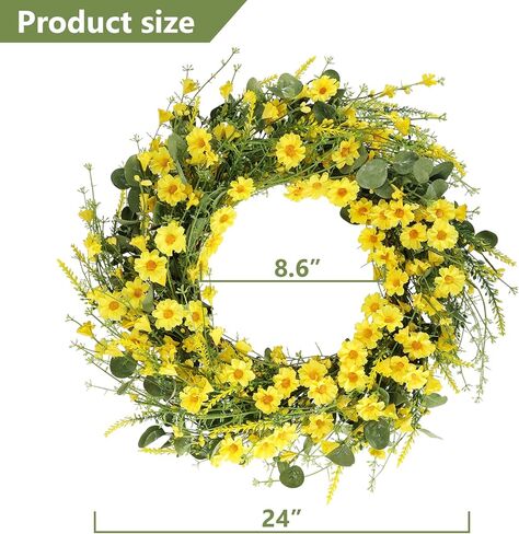إكليل الربيع إكليل الأقحوان الأصفر، إكليل الأقحوان الحريري مقاس 24 بوصة مع أوراق الأوكالبتوس الخضراء إكليل الصيف لديكور جدار الباب الأمامي (أصفر) in Kuwait