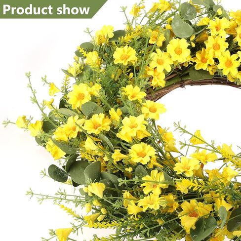 إكليل الربيع إكليل الأقحوان الأصفر، إكليل الأقحوان الحريري مقاس 24 بوصة مع أوراق الأوكالبتوس الخضراء إكليل الصيف لديكور جدار الباب الأمامي (أصفر) in Kuwait