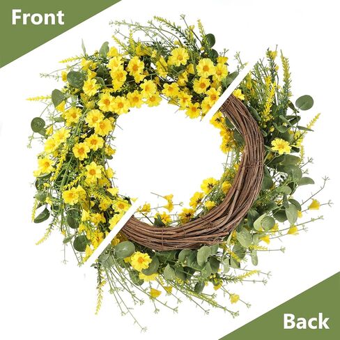 إكليل الربيع إكليل الأقحوان الأصفر، إكليل الأقحوان الحريري مقاس 24 بوصة مع أوراق الأوكالبتوس الخضراء إكليل الصيف لديكور جدار الباب الأمامي (أصفر) in Kuwait