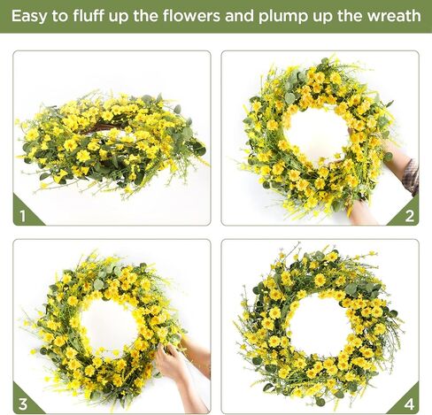 إكليل الربيع إكليل الأقحوان الأصفر، إكليل الأقحوان الحريري مقاس 24 بوصة مع أوراق الأوكالبتوس الخضراء إكليل الصيف لديكور جدار الباب الأمامي (أصفر) in Kuwait