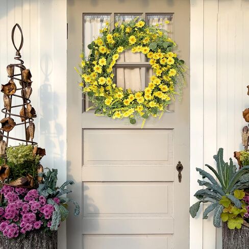 إكليل الربيع إكليل الأقحوان الأصفر، إكليل الأقحوان الحريري مقاس 24 بوصة مع أوراق الأوكالبتوس الخضراء إكليل الصيف لديكور جدار الباب الأمامي (أصفر) in Kuwait