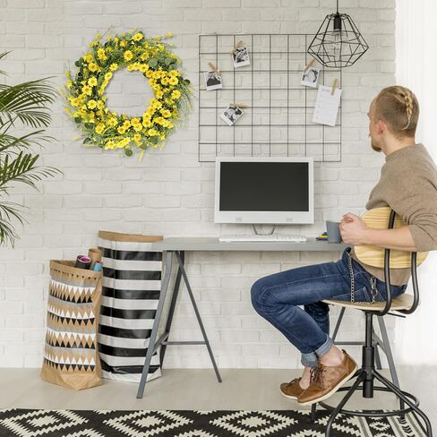 إكليل الربيع إكليل الأقحوان الأصفر، إكليل الأقحوان الحريري مقاس 24 بوصة مع أوراق الأوكالبتوس الخضراء إكليل الصيف لديكور جدار الباب الأمامي (أصفر) in Kuwait