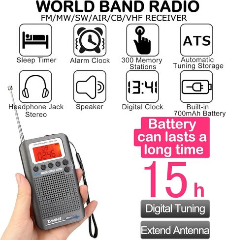 ZHIWHIS HRD-737 جهاز استقبال رقمي محمول كامل النطاق للطائرات/FM/AM/SW/CB/Air/VHF مع مؤقت للنوم وساعة منبه in Kuwait