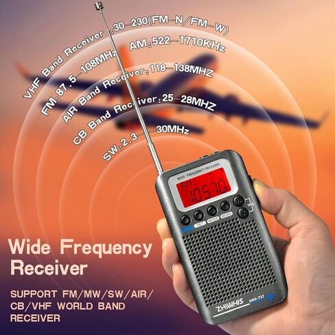 ZHIWHIS HRD-737 جهاز استقبال رقمي محمول كامل النطاق للطائرات/FM/AM/SW/CB/Air/VHF مع مؤقت للنوم وساعة منبه in Kuwait
