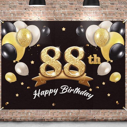 Happy 88th Birthday Banner Backdrop - 88 Birthday Party Decorations Supplies for Men - Black Gold 4 x 6ft in Saudi Arabia