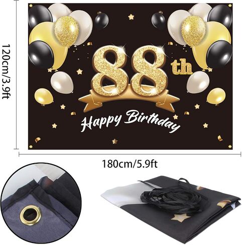 Happy 88th Birthday Banner Backdrop - 88 Birthday Party Decorations Supplies for Men - Black Gold 4 x 6ft in Saudi Arabia