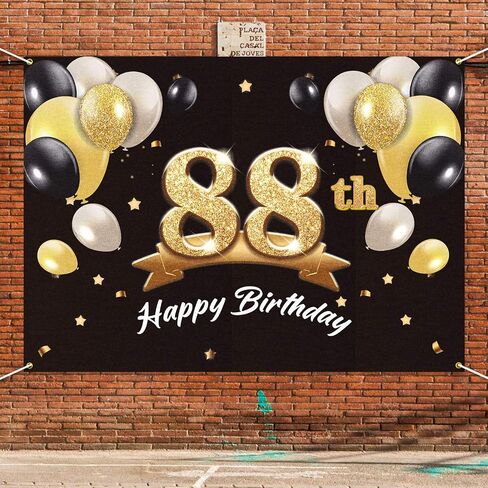 Happy 88th Birthday Banner Backdrop - 88 Birthday Party Decorations Supplies for Men - Black Gold 4 x 6ft in Saudi Arabia