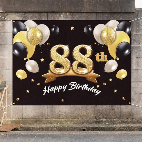 Happy 88th Birthday Banner Backdrop - 88 Birthday Party Decorations Supplies for Men - Black Gold 4 x 6ft in Saudi Arabia
