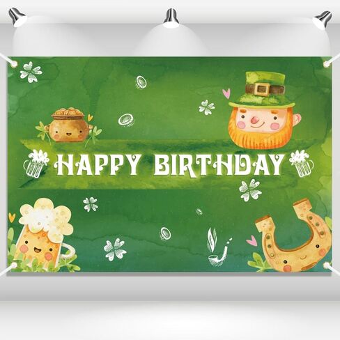 St.Patrick's Day Happy Birthday Banner Backdrop Cartoon Elf Gold Pot Lucky Kid Green Shamrock Theme Decor for Boys Girls Birthday Party Baby Shower Favors Decorations Supplies 70.8x47.2in-LIANGSS in Saudi Arabia