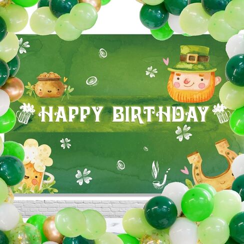 St.Patrick's Day Happy Birthday Banner Backdrop Cartoon Elf Gold Pot Lucky Kid Green Shamrock Theme Decor for Boys Girls Birthday Party Baby Shower Favors Decorations Supplies 70.8x47.2in-LIANGSS in Saudi Arabia