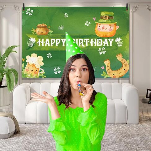 St.Patrick's Day Happy Birthday Banner Backdrop Cartoon Elf Gold Pot Lucky Kid Green Shamrock Theme Decor for Boys Girls Birthday Party Baby Shower Favors Decorations Supplies 70.8x47.2in-LIANGSS in Saudi Arabia
