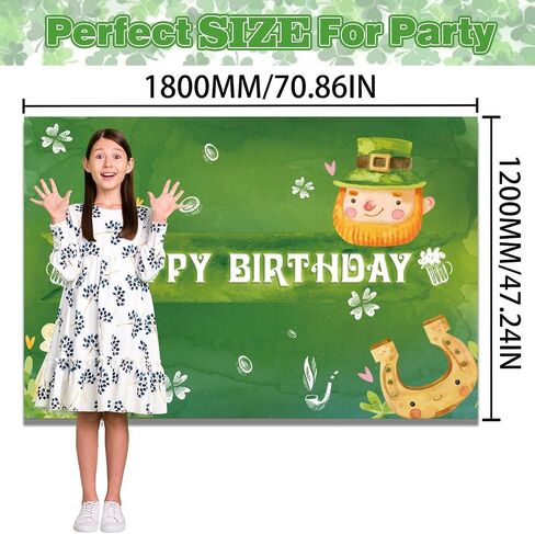 St.Patrick's Day Happy Birthday Banner Backdrop Cartoon Elf Gold Pot Lucky Kid Green Shamrock Theme Decor for Boys Girls Birthday Party Baby Shower Favors Decorations Supplies 70.8x47.2in-LIANGSS in Saudi Arabia