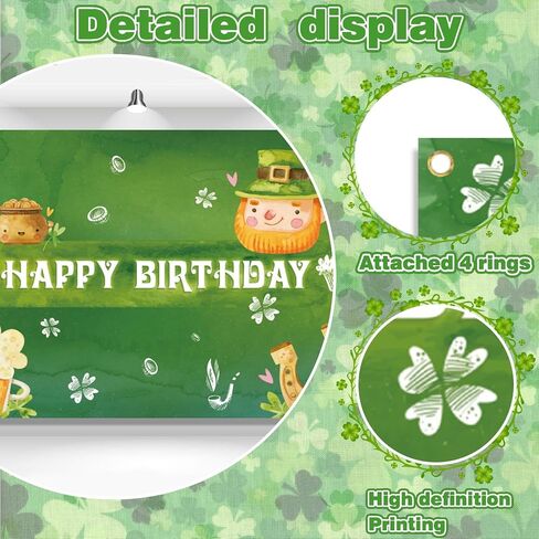 St.Patrick's Day Happy Birthday Banner Backdrop Cartoon Elf Gold Pot Lucky Kid Green Shamrock Theme Decor for Boys Girls Birthday Party Baby Shower Favors Decorations Supplies 70.8x47.2in-LIANGSS in Saudi Arabia