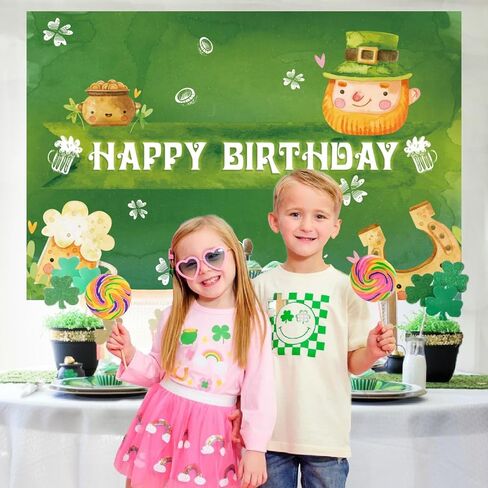 St.Patrick's Day Happy Birthday Banner Backdrop Cartoon Elf Gold Pot Lucky Kid Green Shamrock Theme Decor for Boys Girls Birthday Party Baby Shower Favors Decorations Supplies 70.8x47.2in-LIANGSS in Saudi Arabia