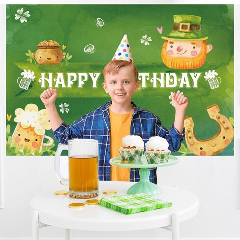 St.Patrick's Day Happy Birthday Banner Backdrop Cartoon Elf Gold Pot Lucky Kid Green Shamrock Theme Decor for Boys Girls Birthday Party Baby Shower Favors Decorations Supplies 70.8x47.2in-LIANGSS in Saudi Arabia