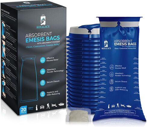ROXALACE® Emesis Bags with Absorbent Powder for Nausea and Vomiting Relief - 20 Pack 1200ml, Travel-Friendly, Hygienic Solution for Motion Sickness, Morning Sickness, Caregiving, and Emergencies in Saudi Arabia
