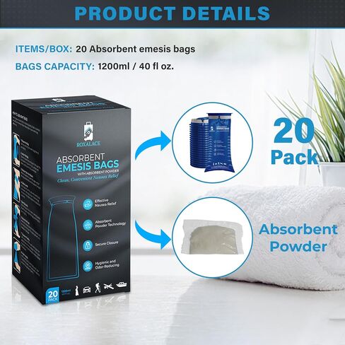 ROXALACE® Emesis Bags with Absorbent Powder for Nausea and Vomiting Relief - 20 Pack 1200ml, Travel-Friendly, Hygienic Solution for Motion Sickness, Morning Sickness, Caregiving, and Emergencies in Saudi Arabia