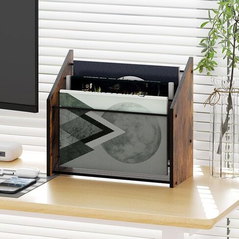 LUCYCAZ Vertical File Organizer - Triple File Holder, 3-Tier Wood Desk Organizer File Storage Paper Organizer for Desktop with Cable Manager, Desk File Sorter for Letters, Mails, Papers, Magazines in Kuwait