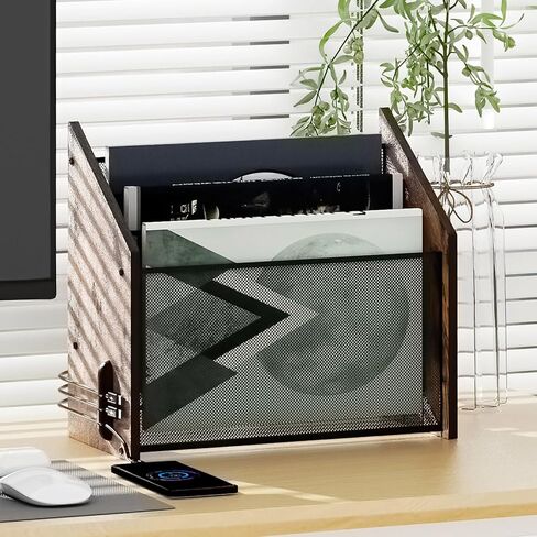 LUCYCAZ Vertical File Organizer - Triple File Holder, 3-Tier Wood Desk Organizer File Storage Paper Organizer for Desktop with Cable Manager, Desk File Sorter for Letters, Mails, Papers, Magazines in Kuwait