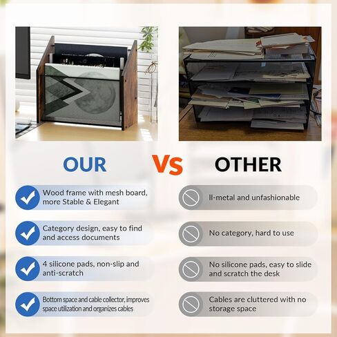 LUCYCAZ Vertical File Organizer - Triple File Holder, 3-Tier Wood Desk Organizer File Storage Paper Organizer for Desktop with Cable Manager, Desk File Sorter for Letters, Mails, Papers, Magazines in Kuwait