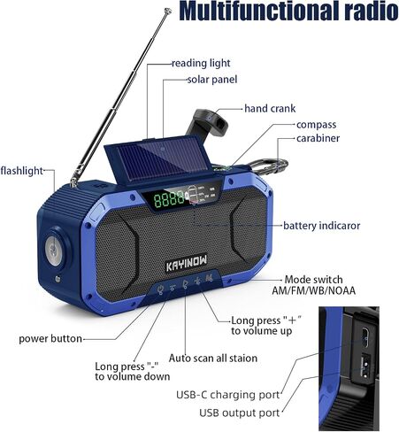 Emergency Radio Hand Crank Solar,Portable AM FM NOAA Weather Digital Radio,Waterproof Wind Up Rechargeable Radio with 5000mAh Battery Power,Flashlight Cell Phone Charger,Reading Lamp,Outdoor Survival in Saudi Arabia