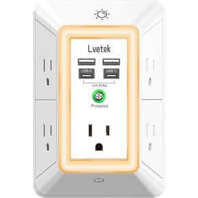 Multi Plug Outlet Surge Protector - Lvetek 3-Sided Power Strip with 5 Outlet Extender and 4 USB Ports(2 USB-C) and Night Light, USB Wall Charger for Home, Office, Travel, ETL Listed, White