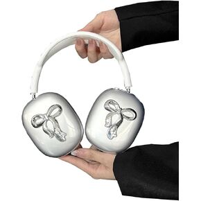for AirPods Max Case, Woman Cute 3D Silver Bow Protective Case,Clear Soft TPU Ear Cups Headband Cover Protector for Apple AirPod Max