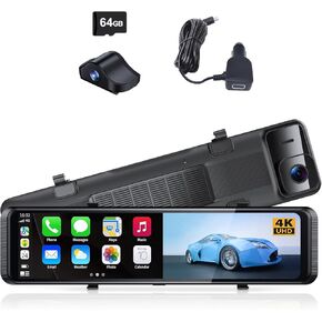 4K Rearview Mirror Camera with Carplay&Android Auto,12" Front and Rear Dash Camera,Backup Camera for Car with WiFi and Included 64GB Card,G-Sensor,Voice Control,Loop Recording in Kuwait