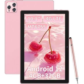 10.1" Android 12 Tablet, 4G LTE Dual SIM, 4GB RAM 32GB ROM, Octa-Core MT6755, 13MP Rear + 5MP Front Camera, 6000mAh Battery, 5-Point Touch, GMS Certified (Pink)