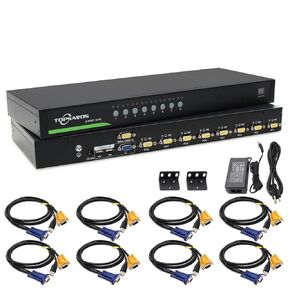 8 Port 1U Rackmount VGA USB KVM Switch, Up to 2048 x 1536 Resolution with On-Screen Display and Cables, 8 in 1 Out Support Hotkey Button OSD Switching for Linux, Windows, Mac, Unix